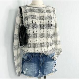 Gray and White Striped Open Knit Sweater Top Size Small